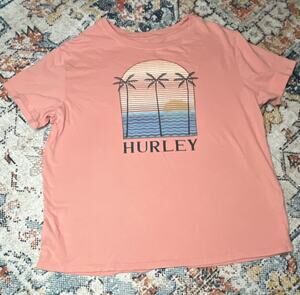 Hurley Men’s S Pink Beach Graphic Print Logo Cotton Knit Crew Neck Tee